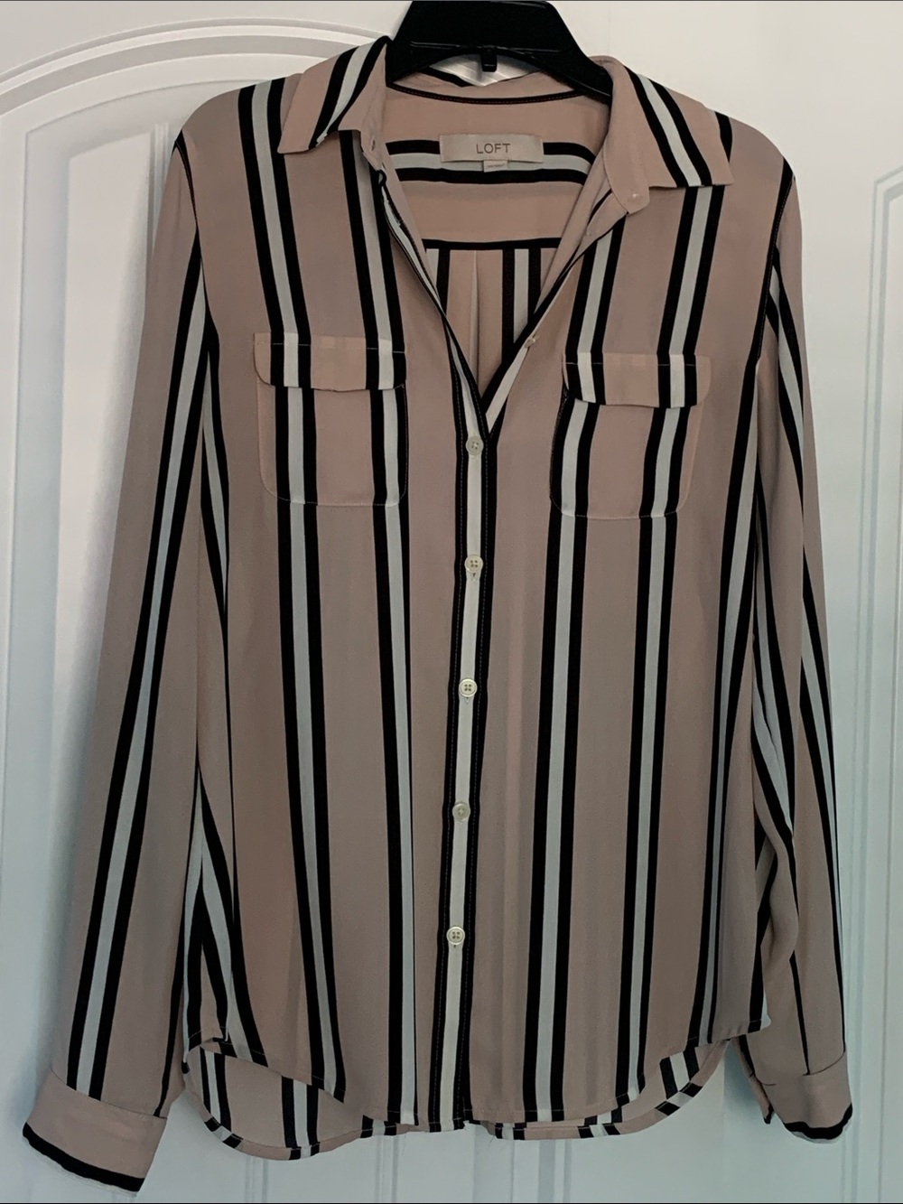 Ann Taylor Loft Utility Shirt XS pink black white stripe button down long sleeve